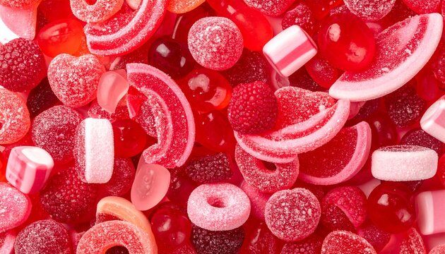 A vibrant collection of assorted red and pink gummy candies and chewy sweets arranged in a festive sugary textured background pattern