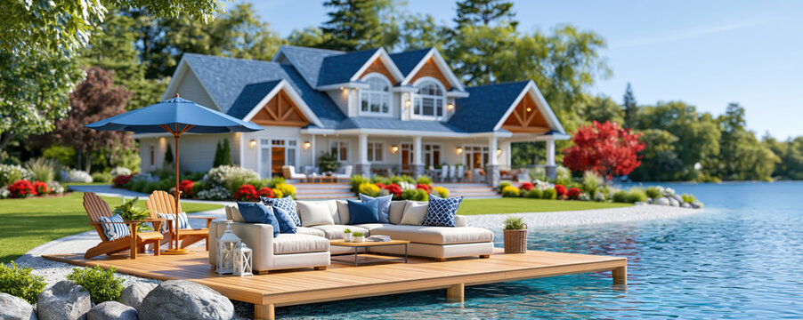 Modern lakeside house with outdoor lounge, wooden dock, and umbrella beside calm water under clear summer sky