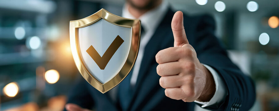 Shield security symbol and thumbs up from businessman in modern office with blurred lights conveying trust and protection