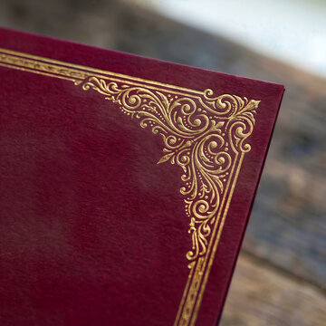 Close up of an ornate gold embossed corner on a dark red leather book cover