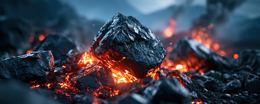 Molten lava glowing beneath black volcanic rock amid smoky ash and fiery embers