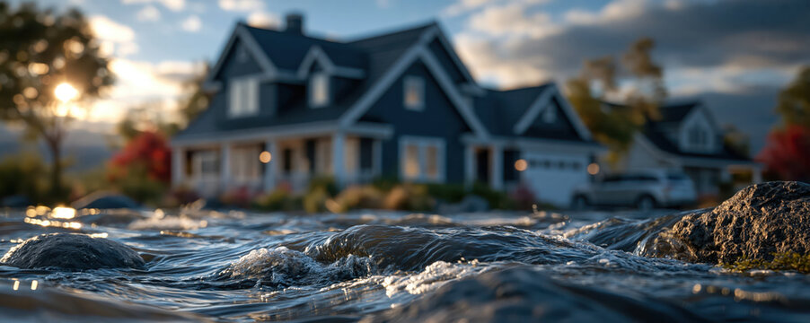 Floodwater coastal house wave rocky shore blue sky sunset