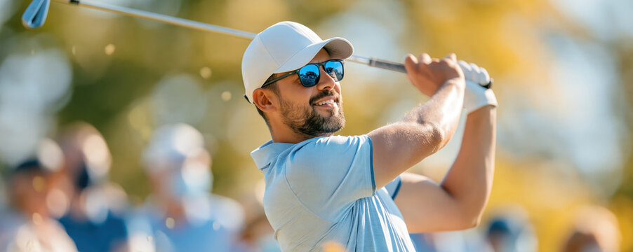 Man golfer wearing cap swings club outdoors with focus and energy during sunny sports event
