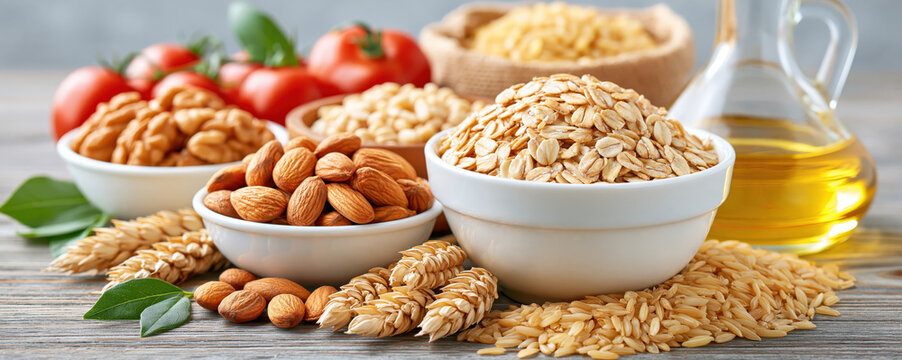 Bowl of oat flake, almond, grain, tomato, walnut, and oil on wooden table