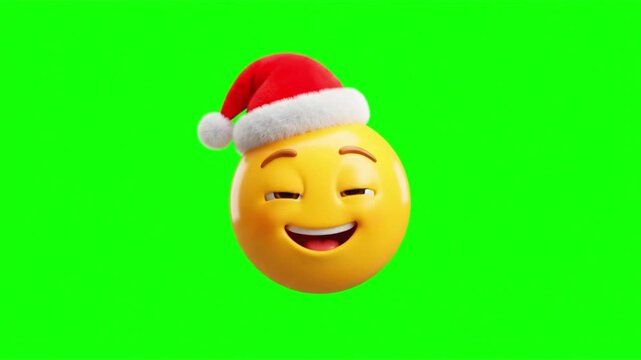 Three smiling yellow emojis wearing santa hats floating against a vibrant green screen background