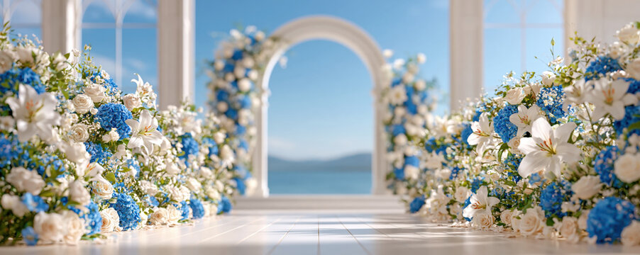 Floral wedding arch and aisle with white and blue flower arrangement beside arched window overlooking calm sea and clear sky