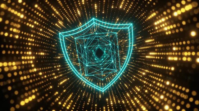 Futuristic Cyber Security Shield Glowing Inside a Digital Gold Tunnel Loop Motion Background