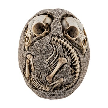 Owl pellet fossil sculpture with tiny bird skulls and skeletal bones embedded in stone texture