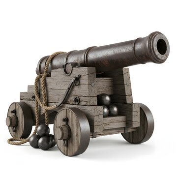 Old pirate cannon 3D rendering with cannonballs and rope isolated on white background