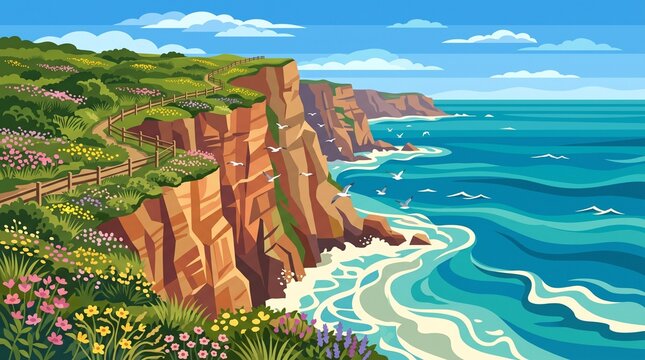 Coastal cliff landscape with ocean view and walking path in summer