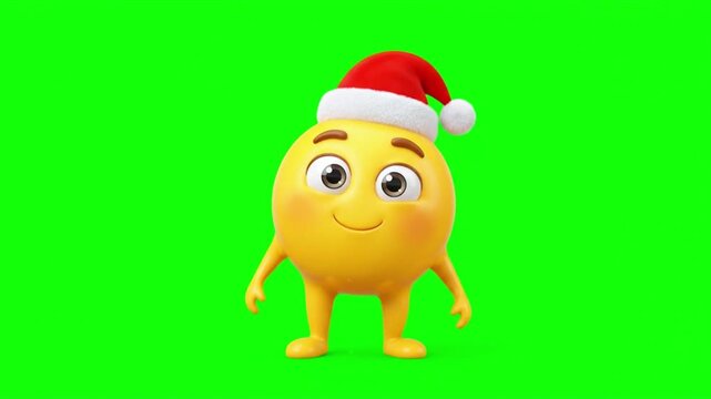 Three yellow cartoon emoji characters wearing christmas hats standing against a bright green screen