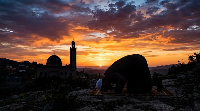Silhouette of a Muslim praying outdoors at sunset with a mosque in the background
