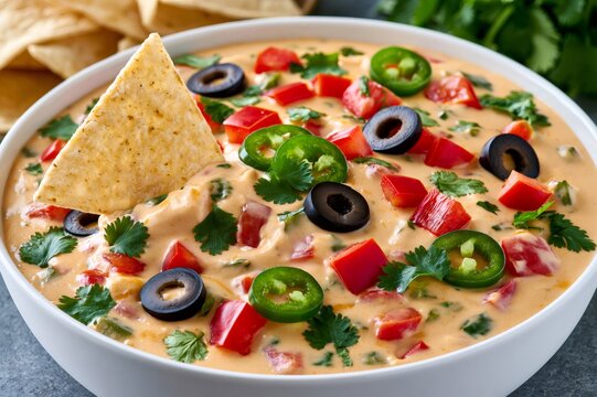 Queso dip with tortilla chips and vegetables