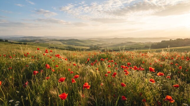 Red poppies bloom across a rolling hillside landscape at sunset