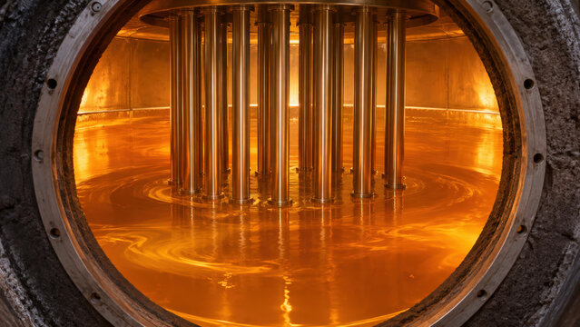 Copper chamber with polished metal rods immersed in glowing molten liquid, industrial furnace interior creating dramatic orange scene