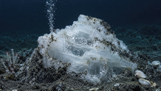 Underwater ice formation releases bubbles above rocky seabed with shell and coral debris in dark ocean water