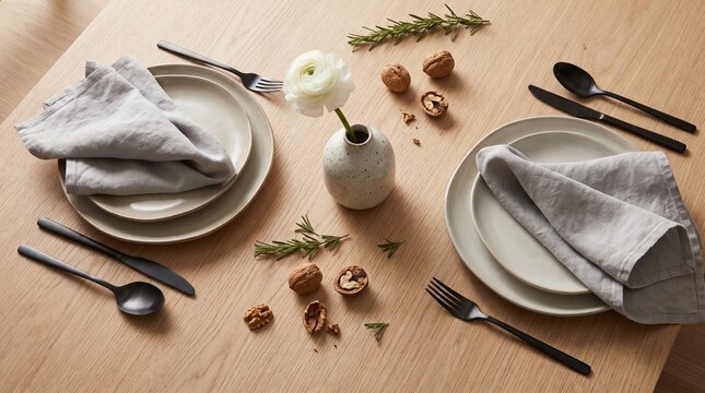 Elegant table setting with ceramic plates and black cutlery on a wooden table.