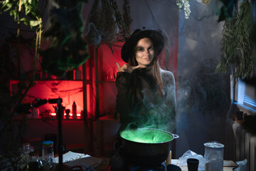 realistic witch brewing a potion in cauldron showing call me mobile phone gesture look at camera. Blend of everyday life with traditional witchcraft, magic and mystical atmosphere © Andrii Lysenko