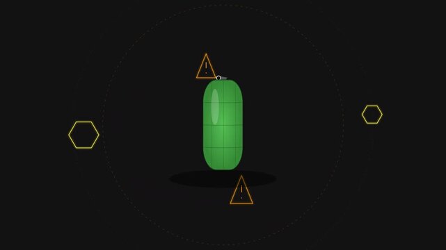 Green cartoon grenade capsule spinning on black background