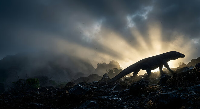 Komodo dragon silhouette walking on a rugged rocky hill under a dark stormy sky with dramatic golden sunbeams streaming down at dawn in wilderness.