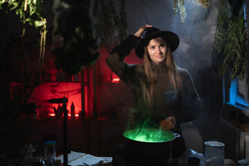 Stressed realistic witch brewing a potion in cauldron scratching head in emotion. Blend of everyday life with traditional witchcraft, magic and mystical atmosphere © Andrii Lysenko