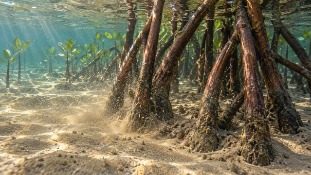 Mangrove root underwater forest tropical lagoon clear water sandy seabed sunbeam filtering through submerged roots