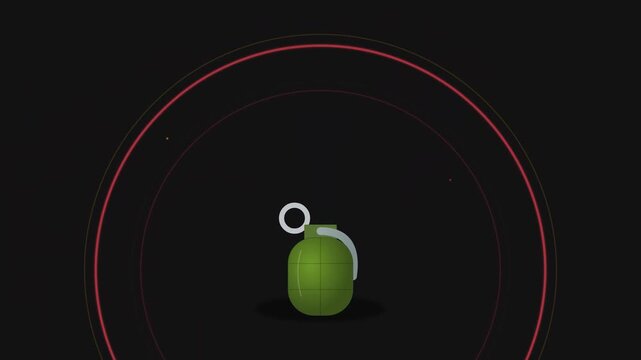 Green grenade cartoon icons with red target effects on black