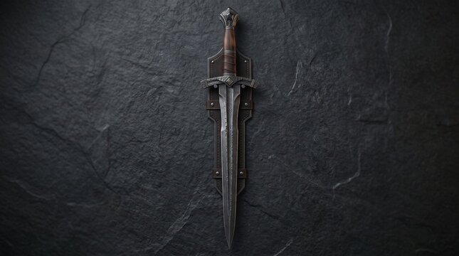 Medieval fantasy dagger mounted on a dark stone wall with copy space