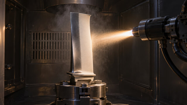 Metal component coating process inside industrial spray chamber with glowing powder cloud, precision manufacturing technology and dramatic