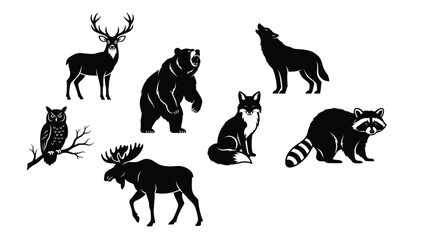 Obraz premium Woodland forest animal silhouette vector set with wild deer bear wolf fox and moose shapes