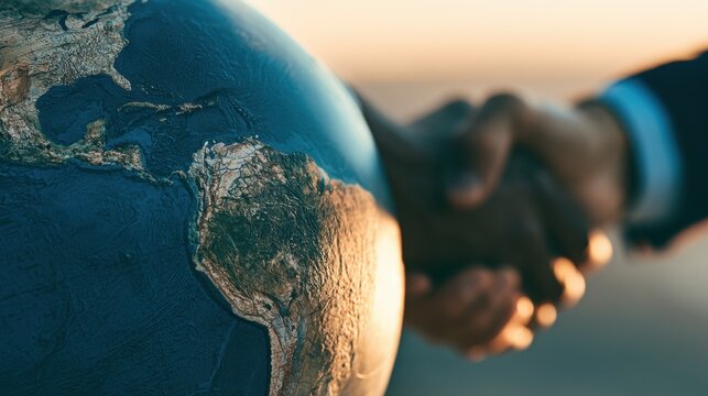 A handshake paired with a globe represents global cooperation, diplomatic relations, international partnerships, economic growth, and cross-border collaboration.
