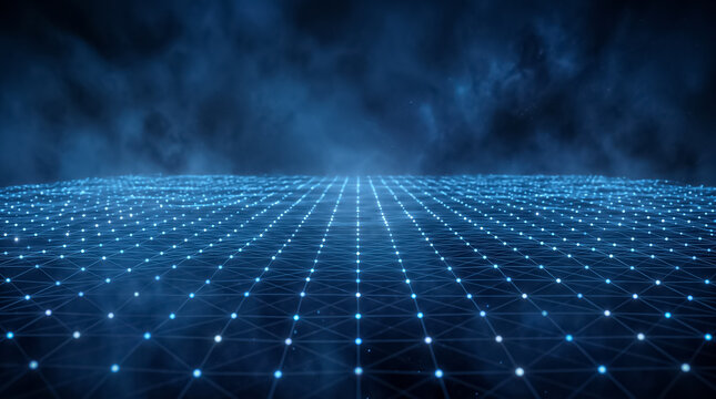 Abstract blue digital grid background with glowing light points in a futuristic perspective view for technology and data science visualization projects