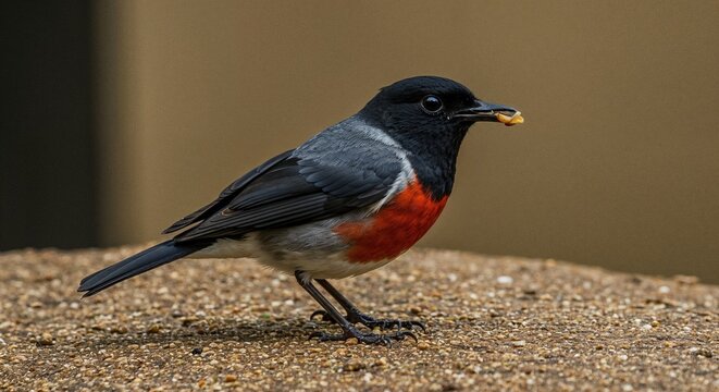 Small songbird with bright red breast and dark grey plumage holding food in beak