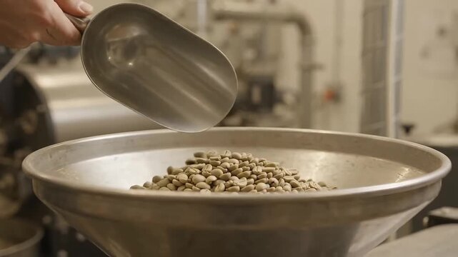 Hand Pouring Green Coffee Beans Into A Roasting Machine Hopper