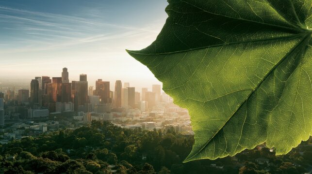 A green leaf paired with a city skyline symbolizes eco friendly urban growth, sustainable infrastructure, cleaner communities, and resilient city planning.
