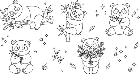 Fototapeta premium Cute Panda Bear Outline Set with Bamboo, Stars and Leaves, Sleeping, Climbing, Eating, Holding Flower Bouquet, Line Art Coloring Page Vector Illustration Bundle