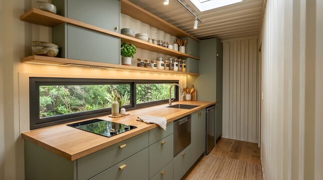Interior of a modern minimalist tiny house kitchen with sage green cabinets