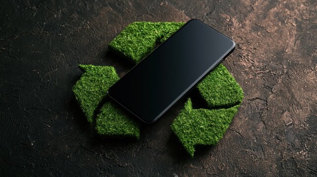 A recycling symbol beside a smartphone reflects circular electronics, responsible consumption, device recovery, resource efficiency, and lower electronic waste.
