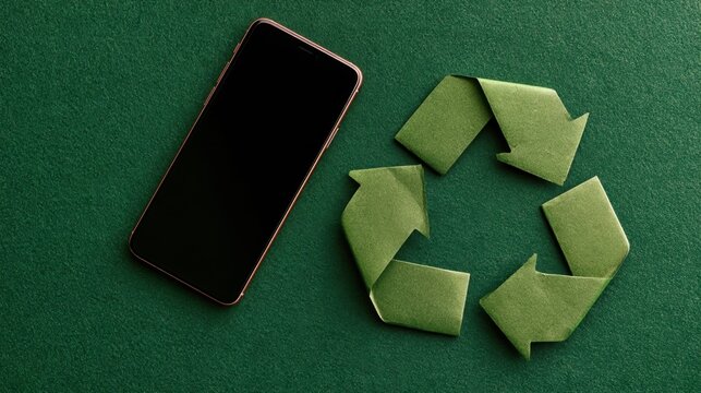 A smartphone positioned beside a recycling symbol conveys electronics recycling, resource recovery, conscious consumption, waste reduction, and sustainable technology.
