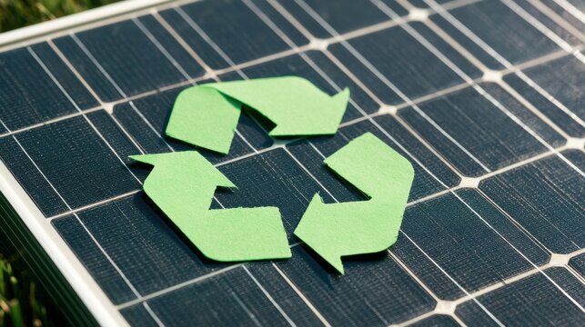 A solar panel beside a recycling symbol represents renewable technology lifecycle management, material recovery, circular economy, and clean energy sustainability.
