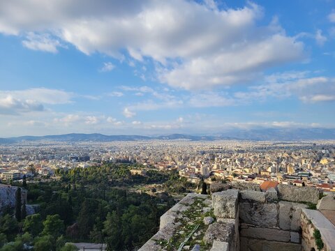 Athens cityscape and Temple of Hephaestus seen from the Acropolis walls, Greece