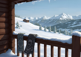 Obraz premium Winter vista from a log cabin balcony with patterned scarves in a snowy mountain landscape. Relaxing view of a snow-covered hillside with a small chalet and majestic peaks in the distance.