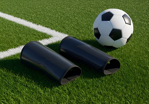 Black soccer shin guards resting on a grassy field with a soccer ball. Protective equipment for a soccer player on a playing field.