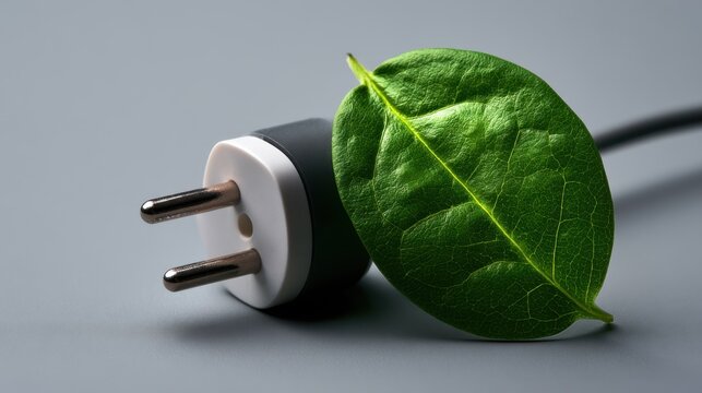 A power plug positioned beside a green leaf conveys eco friendly electricity, renewable energy, low carbon innovation, sustainability, and environmental awareness.
