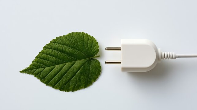 A green leaf paired with a power plug symbolizes renewable electricity, sustainable energy consumption, cleaner technology, and responsible power use.
