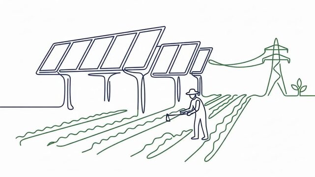 Farmer Watering Crops in Solar-Powered Farm with Solar Panels and Power Lines