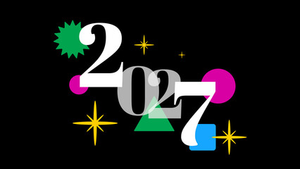 Colorful representation of the year 2027 with shapes and stars on a black background © fotofabrika