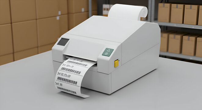 White label printer dispensing a roll of labels in a warehouse setting. Warehouse worker using a label printer in a logistics center.