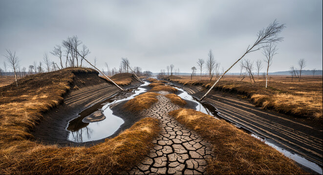 Drained peatland with cracked dry soil and dead birch trees, drought
