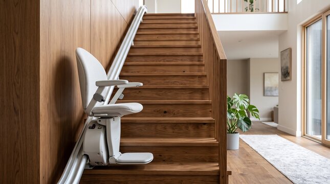 A modern stairlift installed on wooden stairs inside a contemporary home for accessibility.